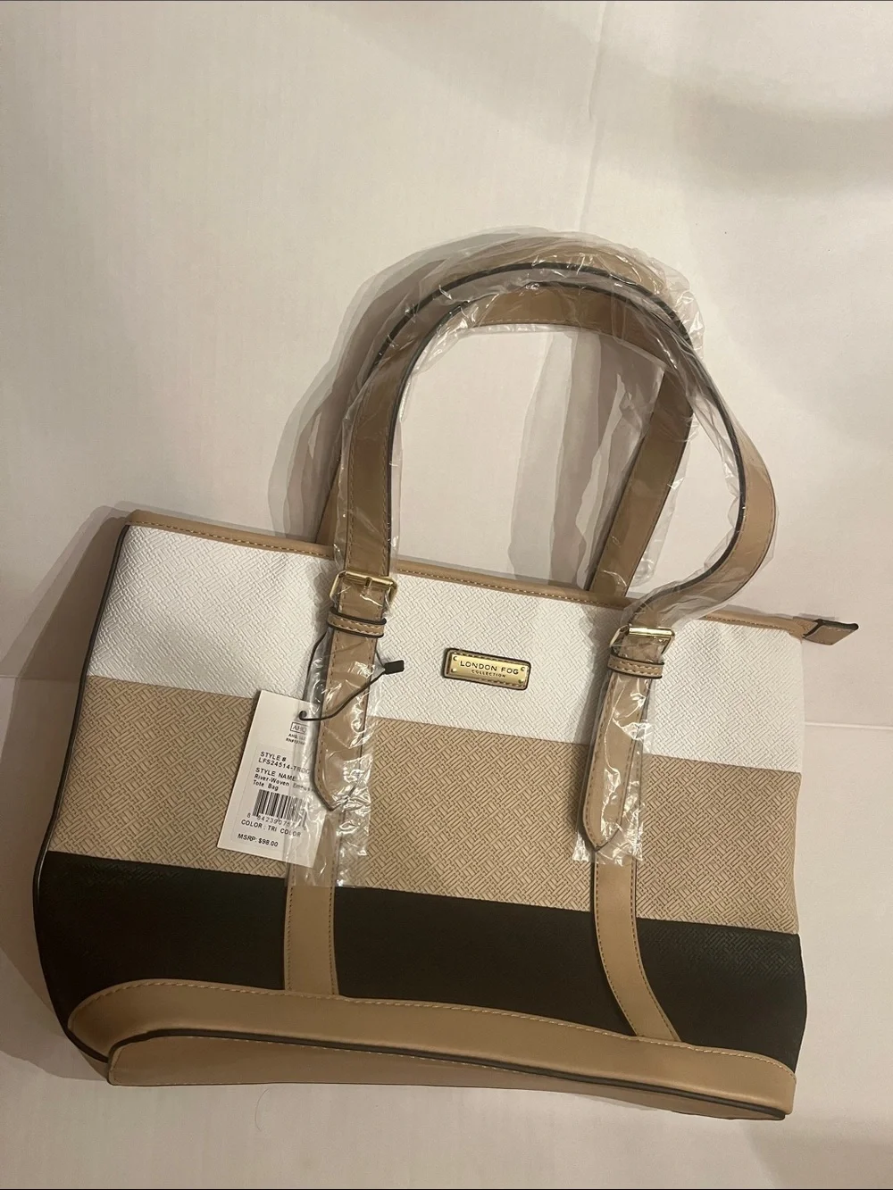 London Fog Beige Black and White Striped Tote